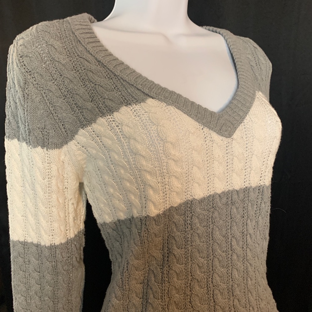 Gray and White striped V-neck Arizona sweater